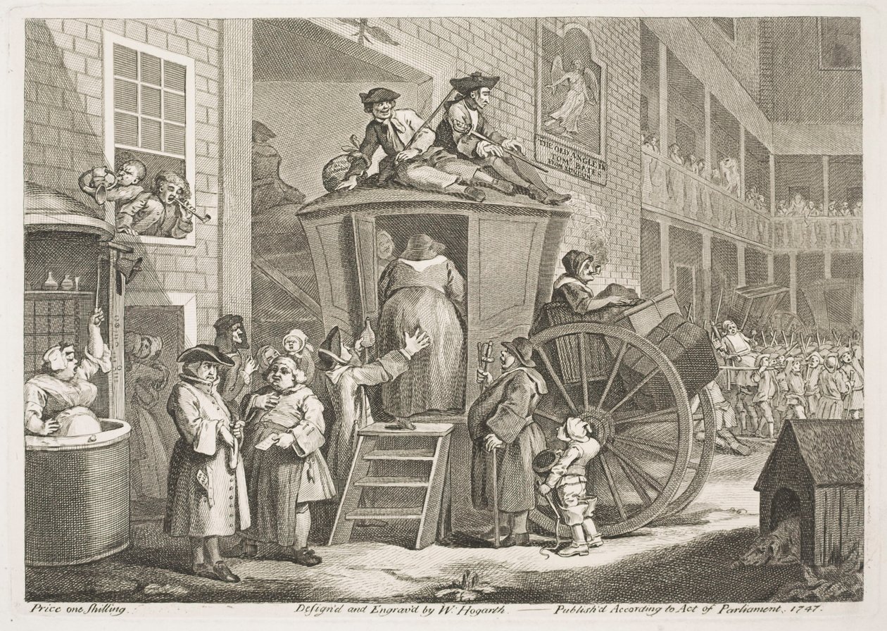 De postkoets of de binnenplaats van de herberg op het platteland door William Hogarth