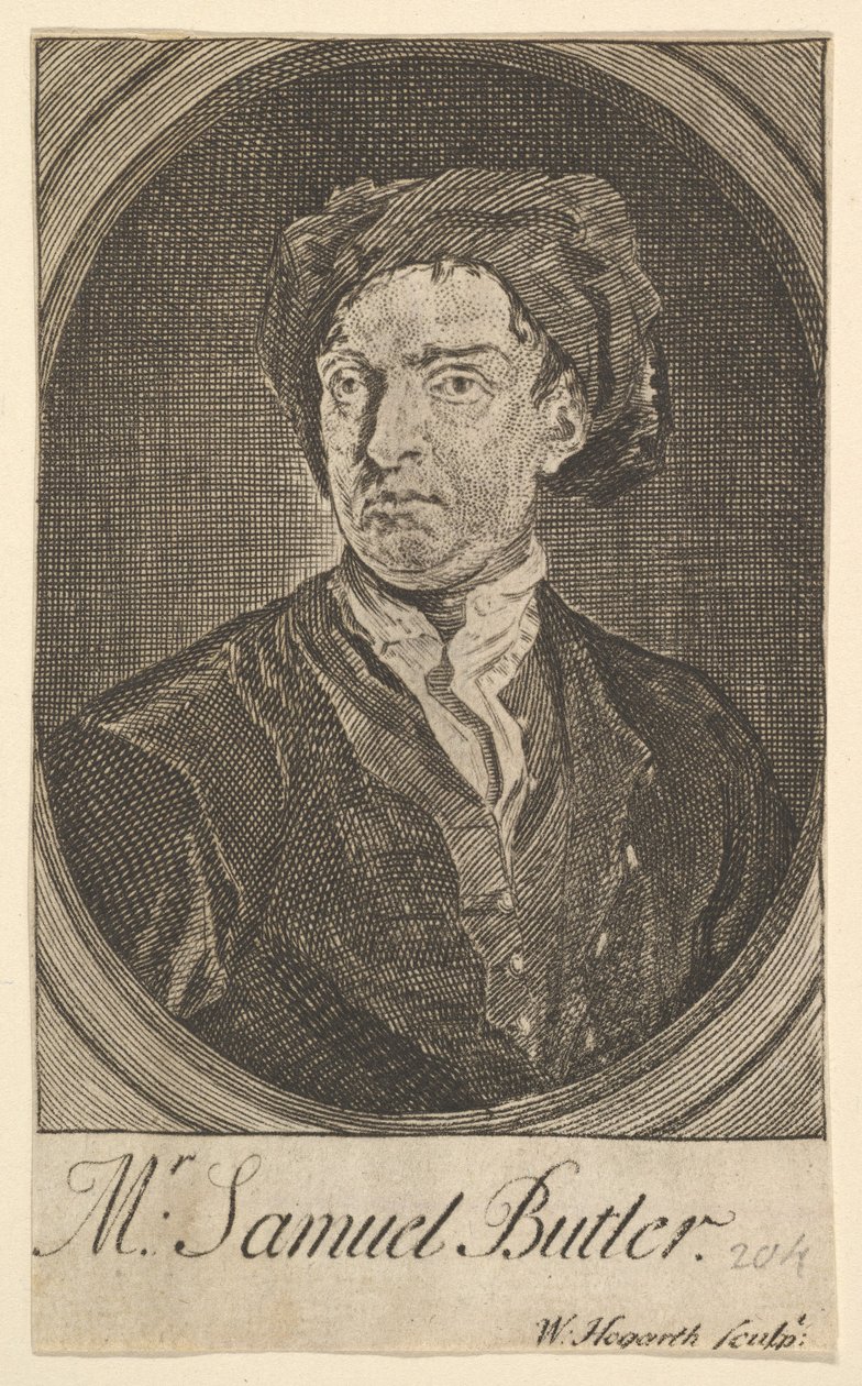Frontispice portret zeventien kleine illustraties voor Samuel Butlers Hudibras, april 1726 door William Hogarth