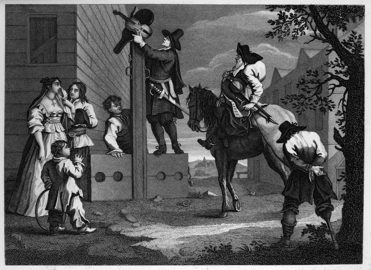 Hudibras en Ralpho brengen hun gevangene Crowdero naar de schandpaal door William Hogarth