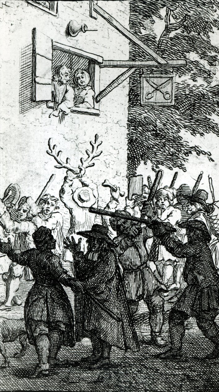 Hullabaloo tegen een kleermaker door William Hogarth