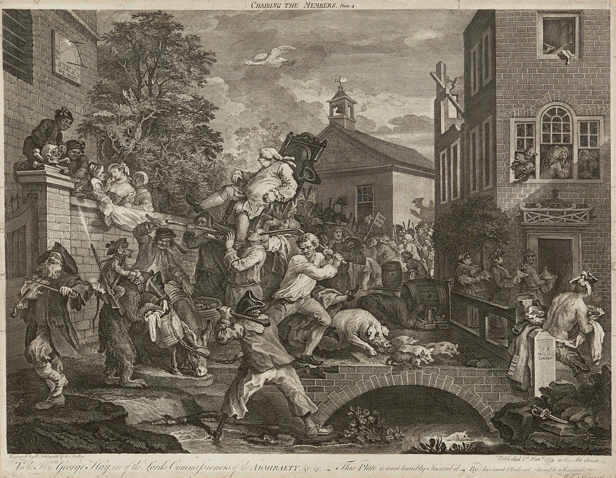 Humors van een Verkiezing (Set van Vier) door William Hogarth