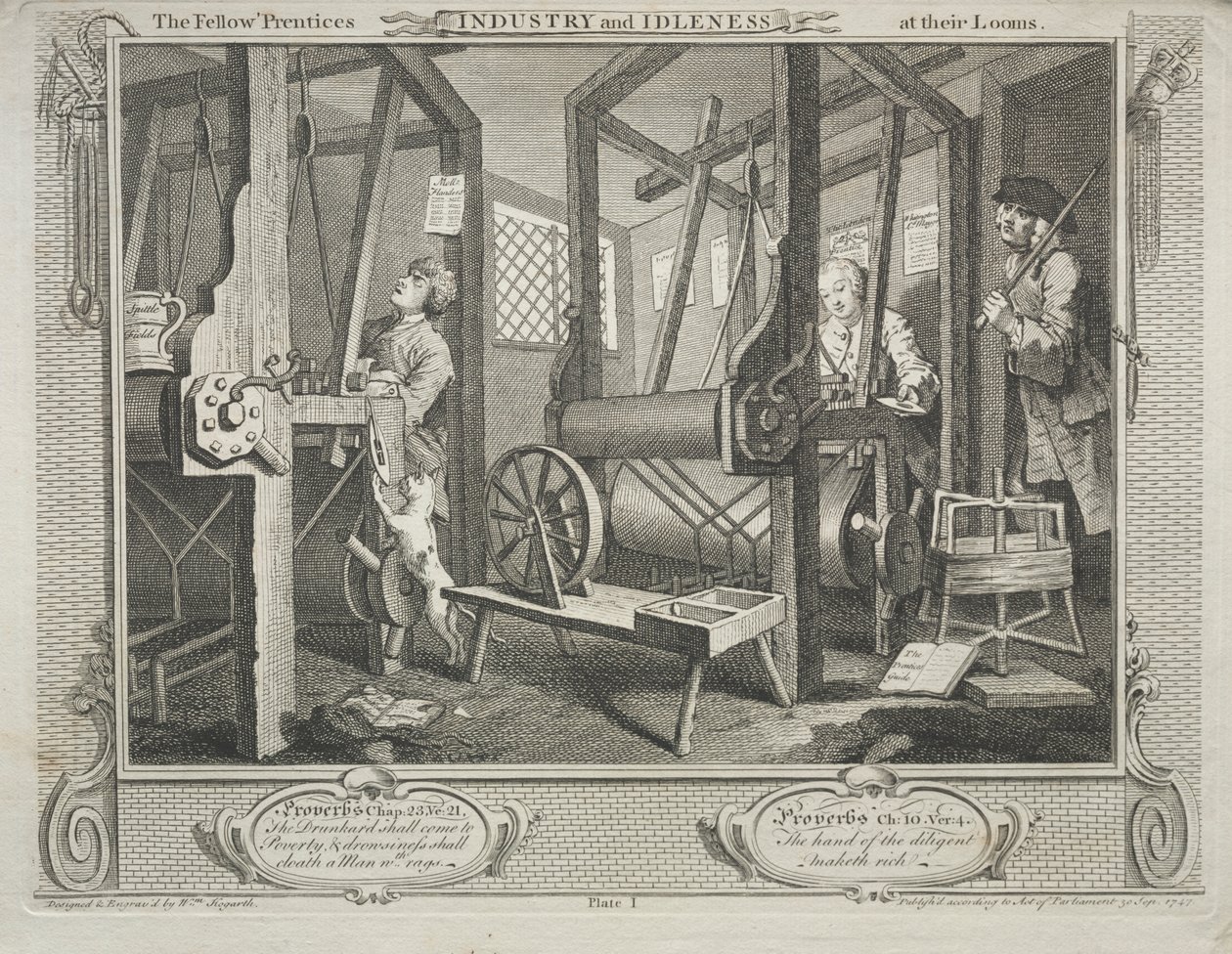 Industrie en luiheid: De mede-leerlingen aan hun weefgetouwen door William Hogarth
