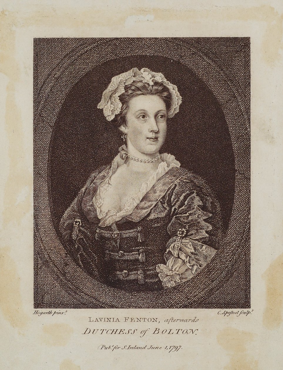 Lavinia Fenton, later Hertogin van Bolton, gegraveerd door Cornelius Apostool door William Hogarth