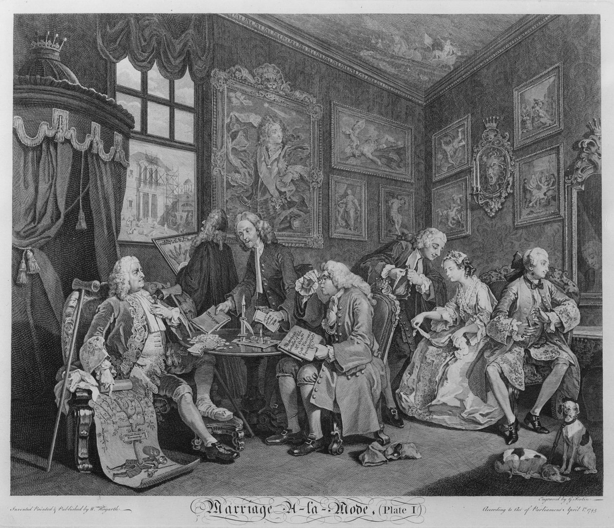 Huwelijk à la Mode, Plaat I, De Huwelijksregeling, 1745 door William Hogarth