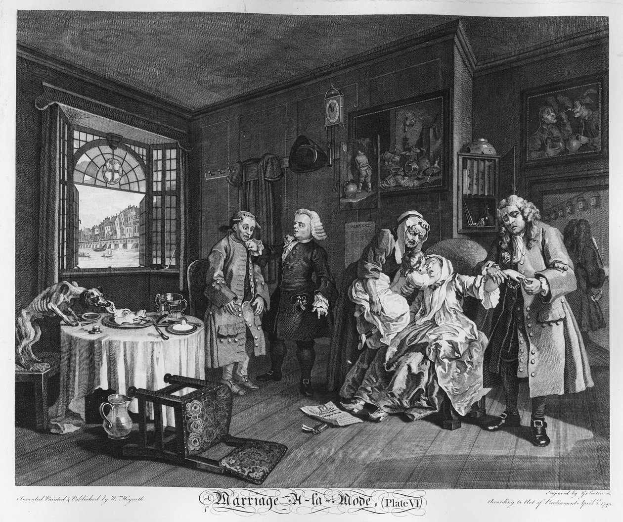 Huwelijk a la Mode, Plaat VI, De dood van de dame door William Hogarth