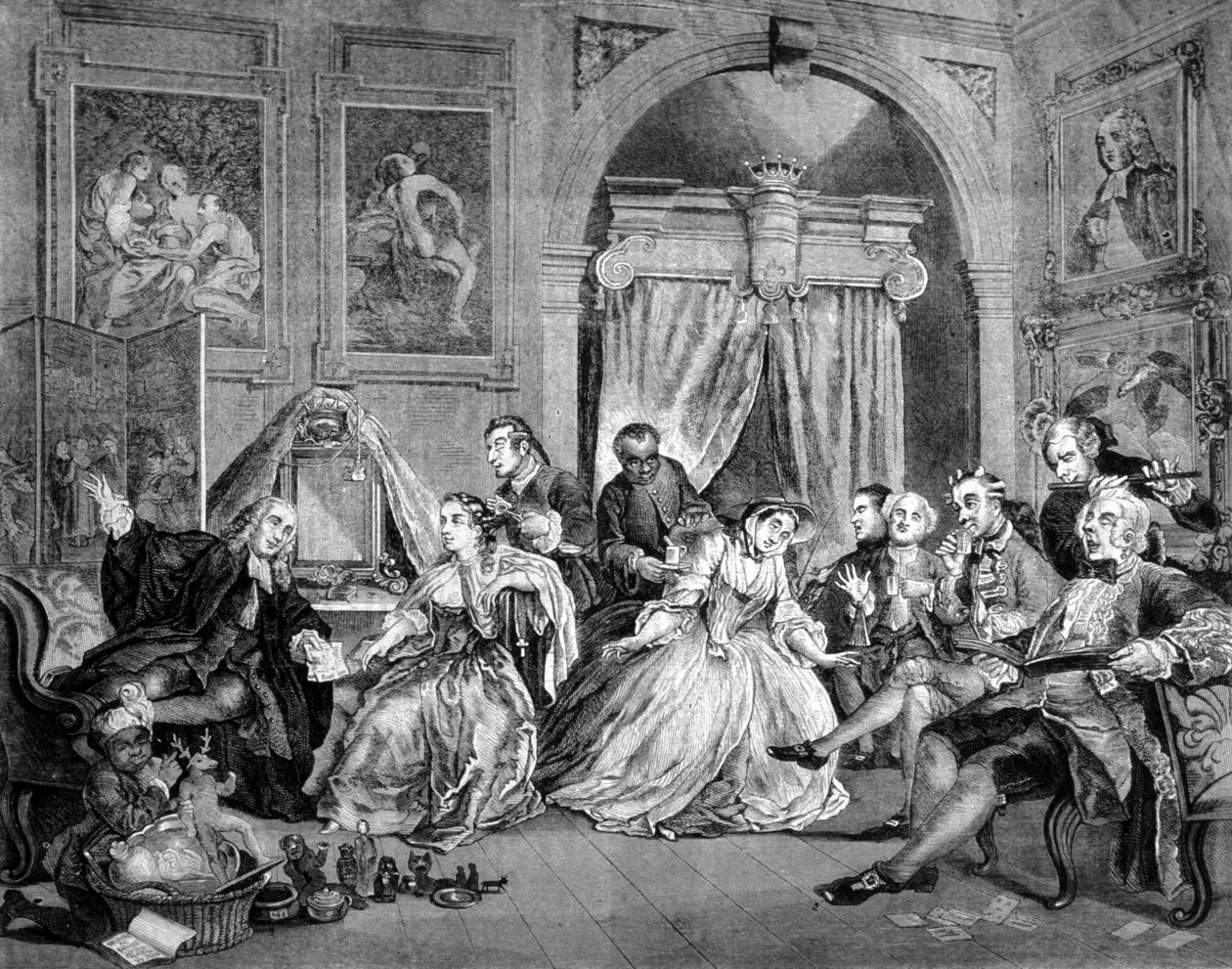Huwelijk in de mode: serie van 6 satirische platen over het huwelijk van rijke mensen. Gravure door William Hogarth (1697 - 1764). 1745 door William Hogarth