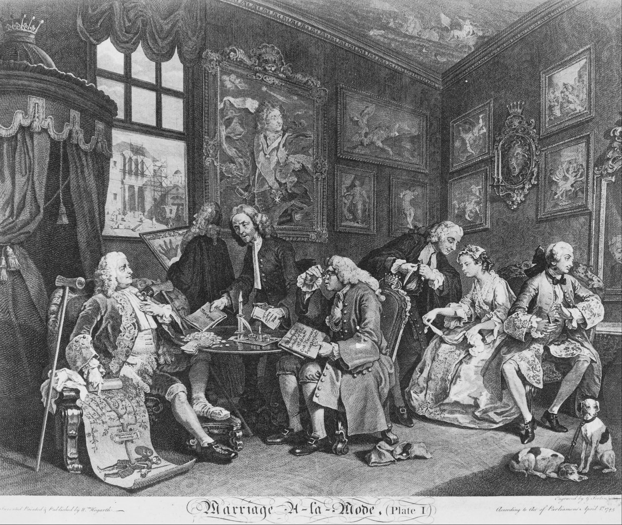 Huwelijk à la Mode, Plaat 1, (Het Huwelijkscontract) door William Hogarth
