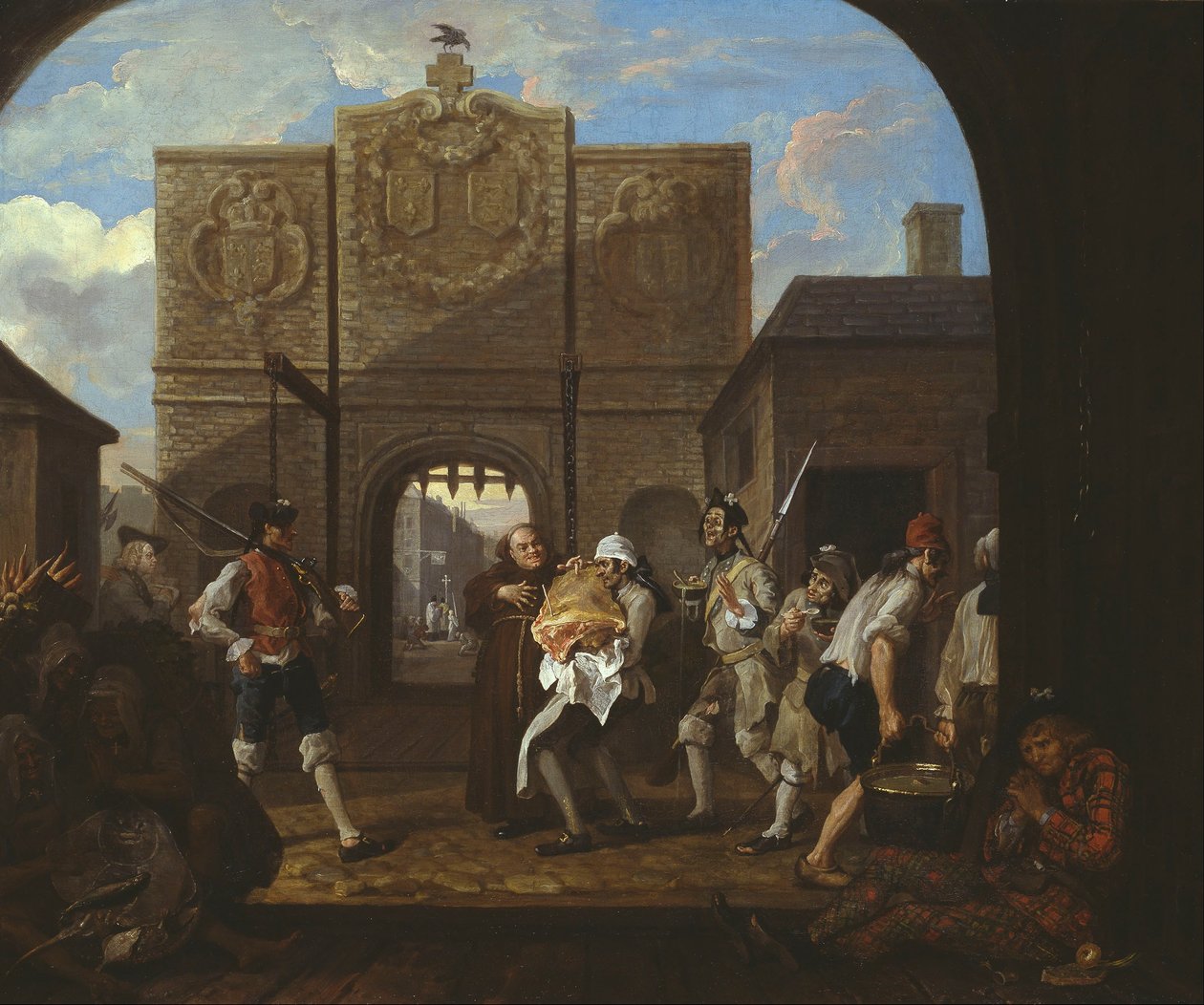 O het rosbief van het oude Engeland («De poort van Calais») door William Hogarth