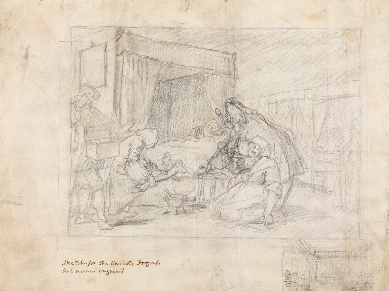 Operatiescène in een ziekenhuis met aanvullende schetsen in de marge rechtsonder door William Hogarth
