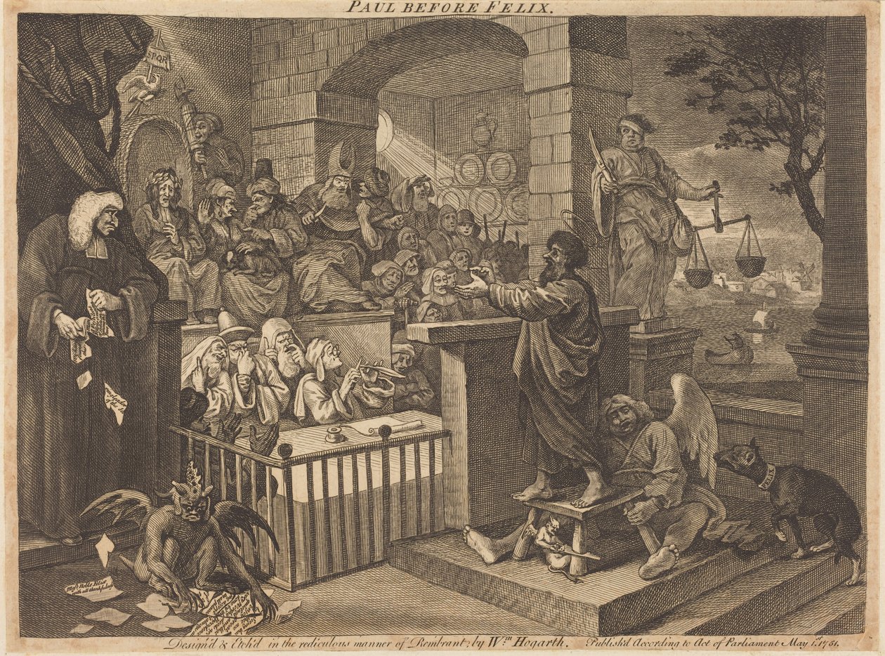 Paulus voor Felix, geburleskeerd door William Hogarth