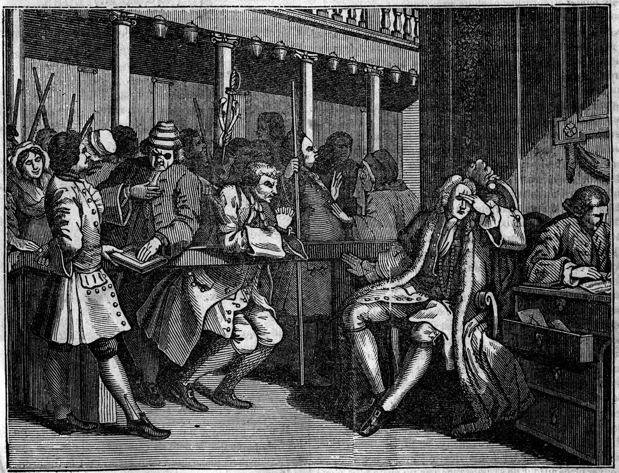 Plaat uit een serie van 12 gravures door William Hogarth, Britse illustrator, getiteld 