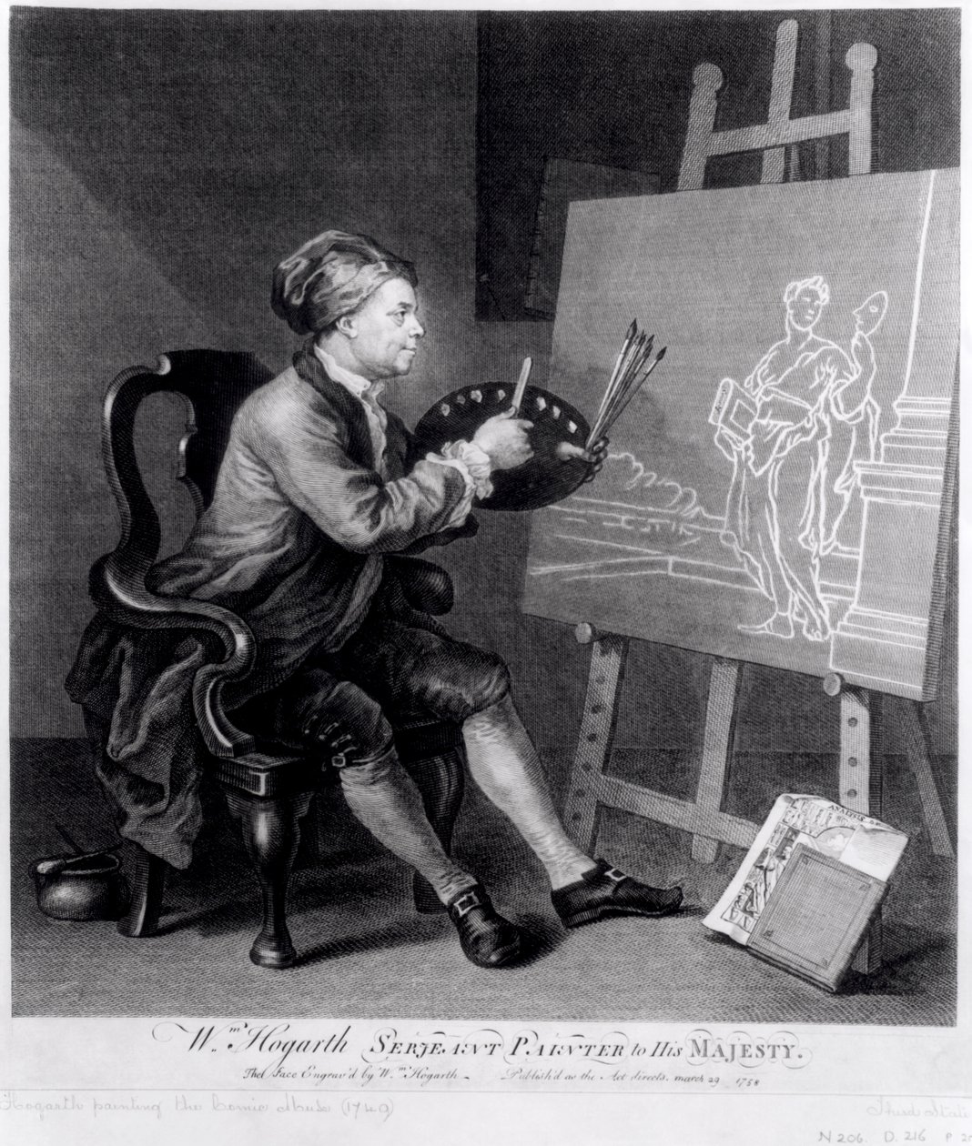 Zelfportret Schilderend de Komische Muze, gegraveerd door de kunstenaar, uitgegeven 1758 door William Hogarth