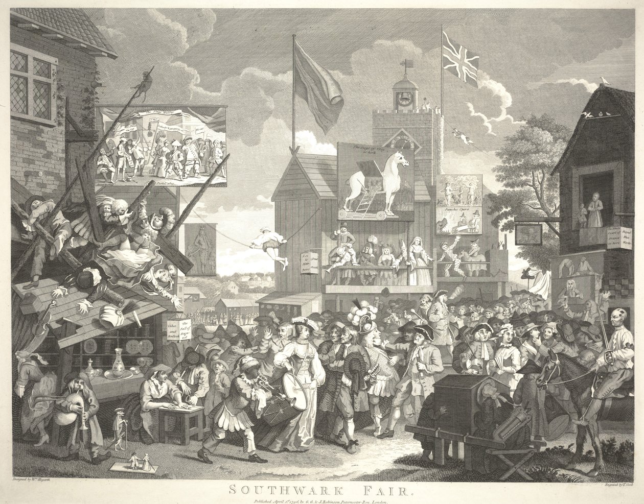 Southwark Fair, gegraveerd door Thomas Cook door William Hogarth