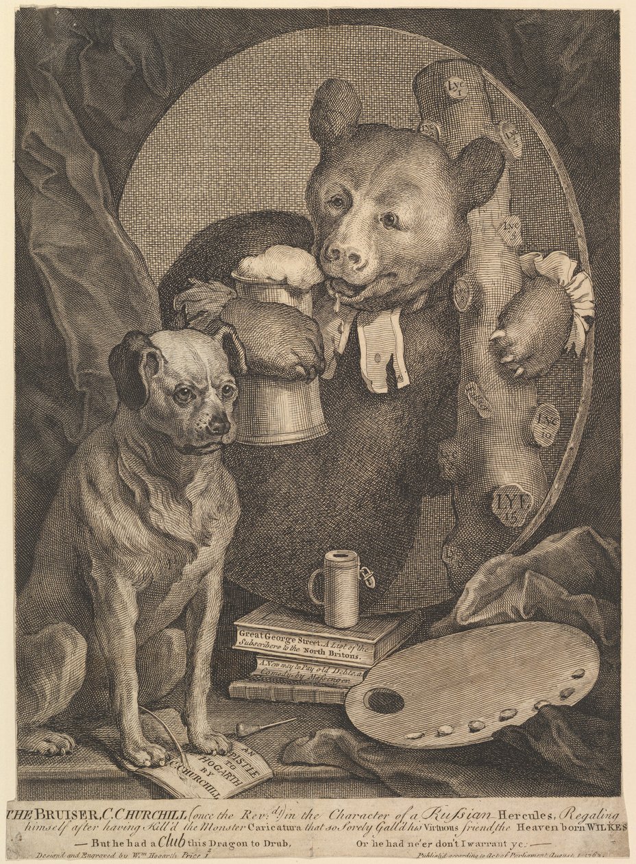 De vechtersbaas (karikatuur van Charles Churchill) door William Hogarth