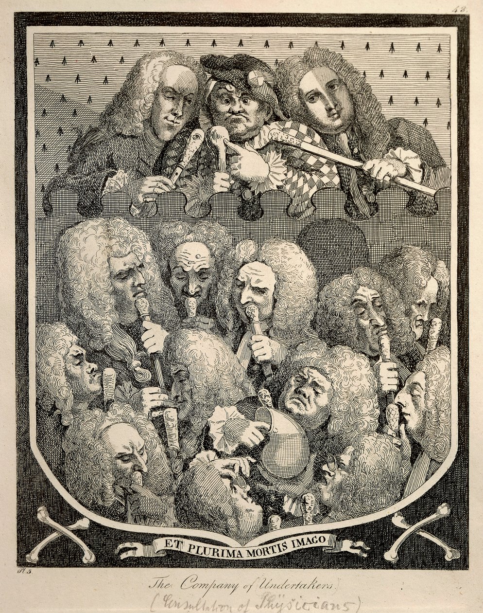 De Maatschappij van Begrafenisondernemers door Georg Friedrich Haendel, karikatuurgravure door William Hogarth door William Hogarth