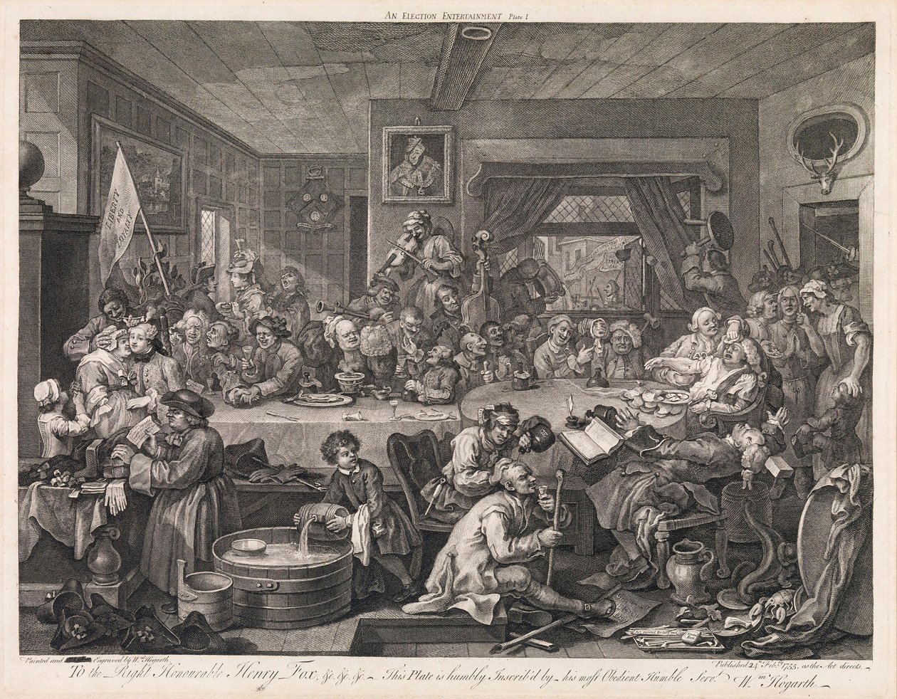 De verkiezing, plaat 1: “Een verkiezingsbanket” door William Hogarth
