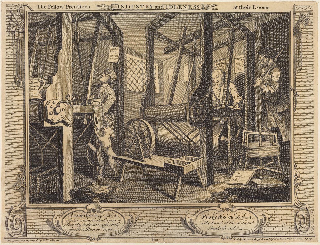 De gezel-leerlingen aan hun weefgetouwen door William Hogarth