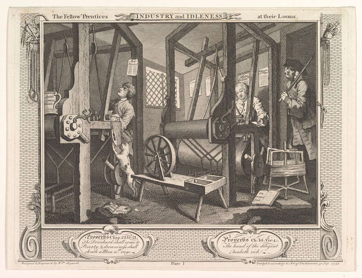 De Leerlingen aan hun Weefgetouwen Industrie en IJver, plaat 1, 30 september 1747 door William Hogarth