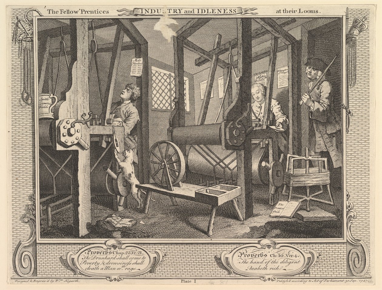De gezellenleerlingen aan hun weefgetouwen: Industrie en luiheid, plaat 1, 30 september 1747 door William Hogarth