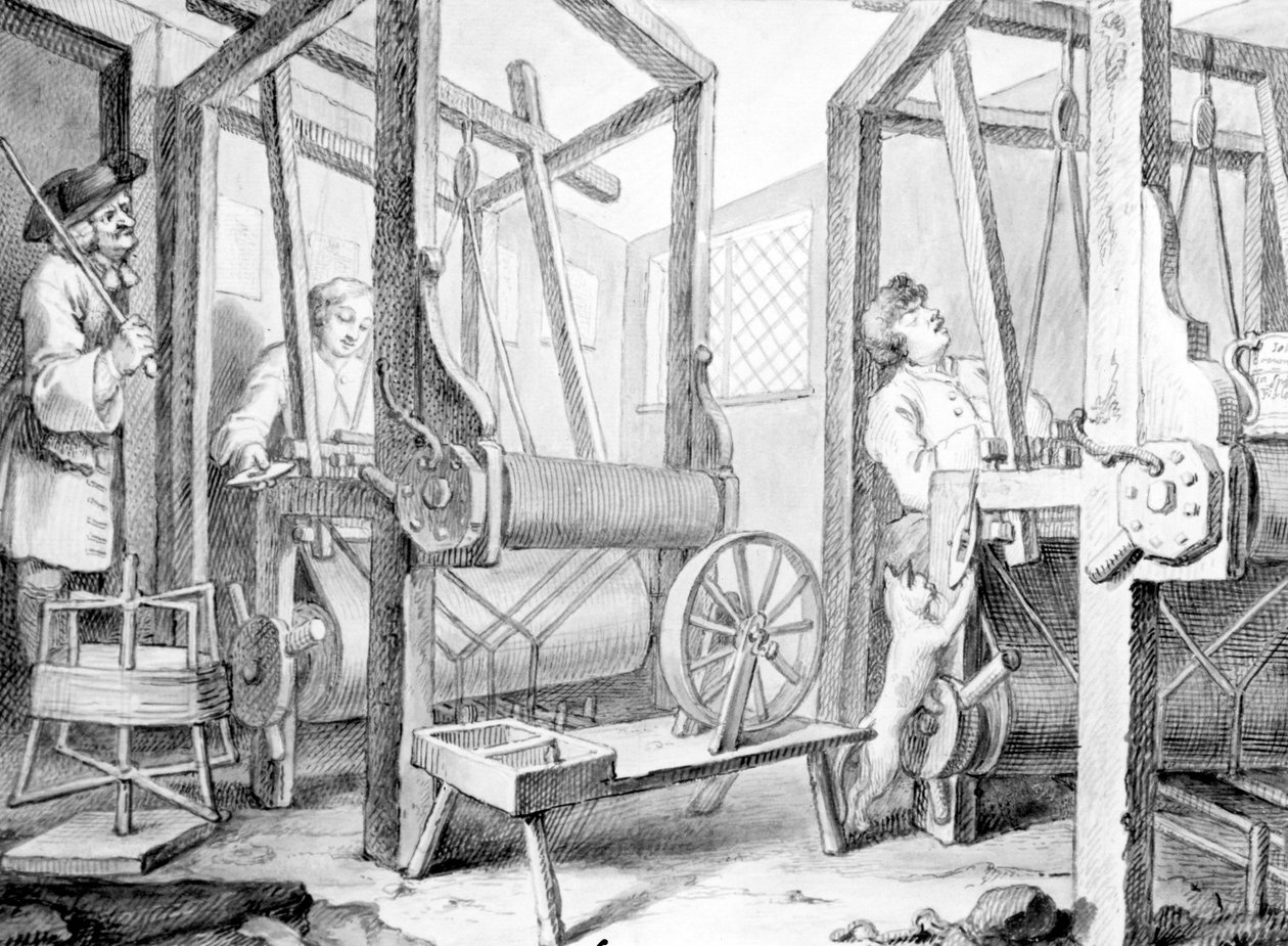 De Leerlingen aan hun Weefgetouwen Vertegenwoordigen Industrie en Luiheid, 1747 door William Hogarth