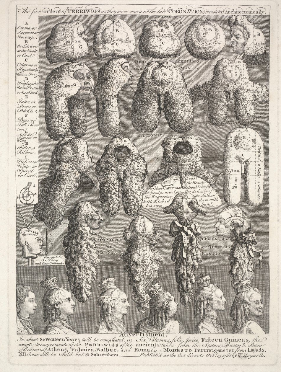 De vijf ordes van de pruiken door William Hogarth