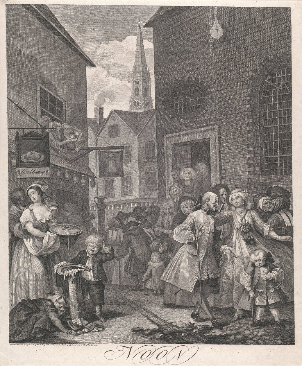 De vier momenten van de dag, plaat II:  Middag door William Hogarth