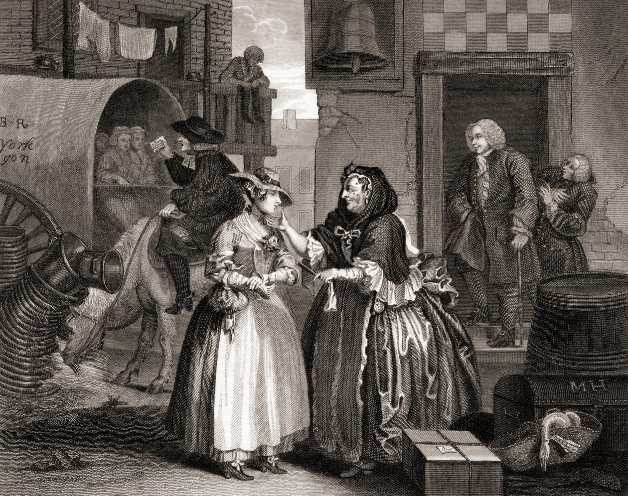 De vooruitgang van de hoer gevangen door een koppelaarster, uit De werken van Hogarth gepubliceerd Londen 1833 (gravure) door William Hogarth