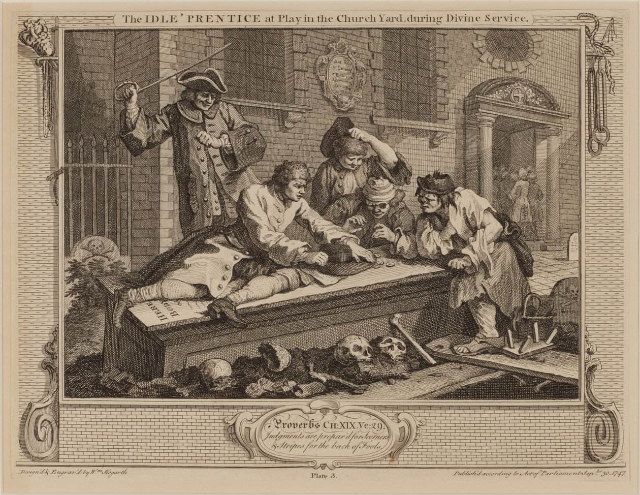 De luie leerling aan het spelen op het kerkhof tijdens de kerkdienst door William Hogarth