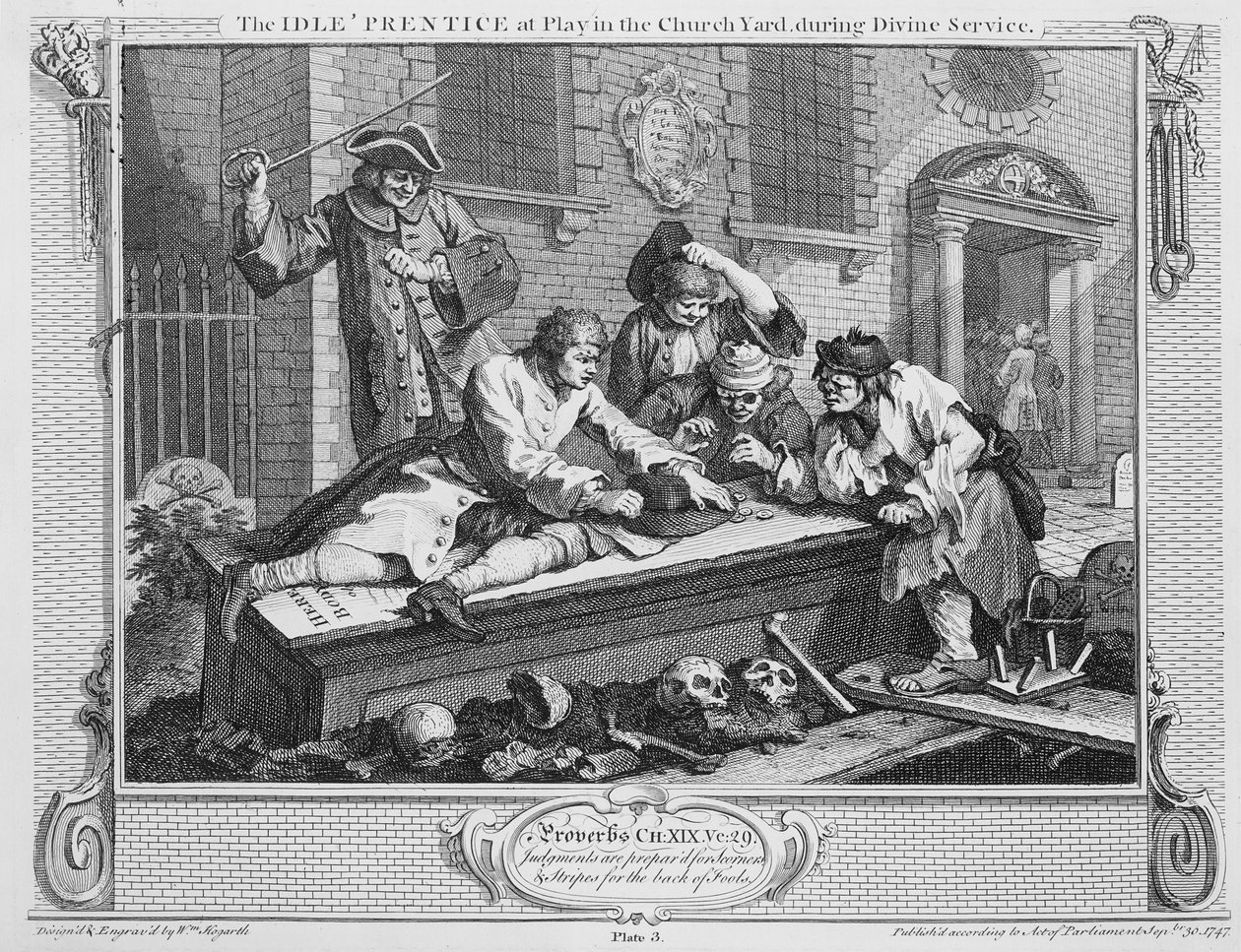 De luie leerling aan het spelen op het kerkhof tijdens de kerkdienst, plaat III van 