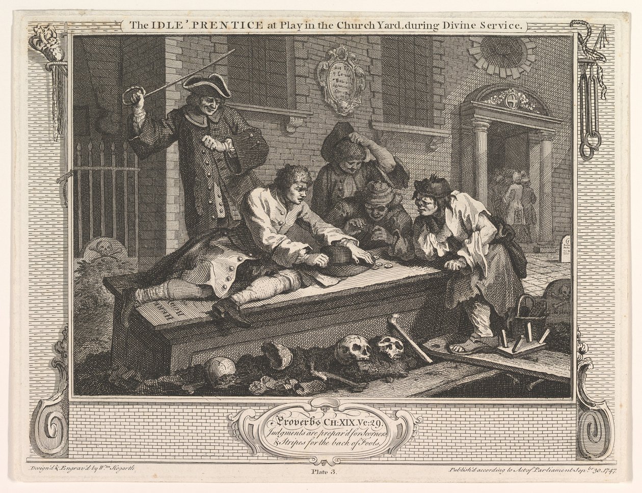 De luie leerling speelt op het kerkhof, Industry and Idleness, plaat 3, 30 september 1747 door William Hogarth