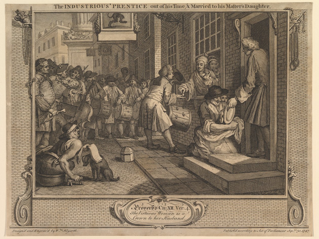 De ijverige leerling is uitgeleerd en getrouwd met de dochter van zijn meester: Nijverheid en ledigheid, plaat 6 door William Hogarth
