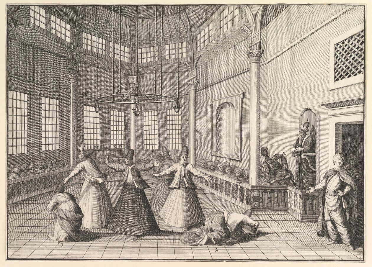 Het interieur van een moskee, de derwisjen dansen Aubry de La Mottrayes reizen door..., 1723-24 door William Hogarth