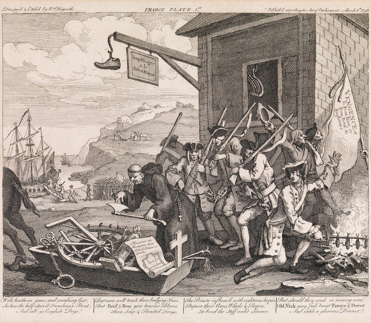 De invasie, plaat 1: "Frankrijk" door William Hogarth