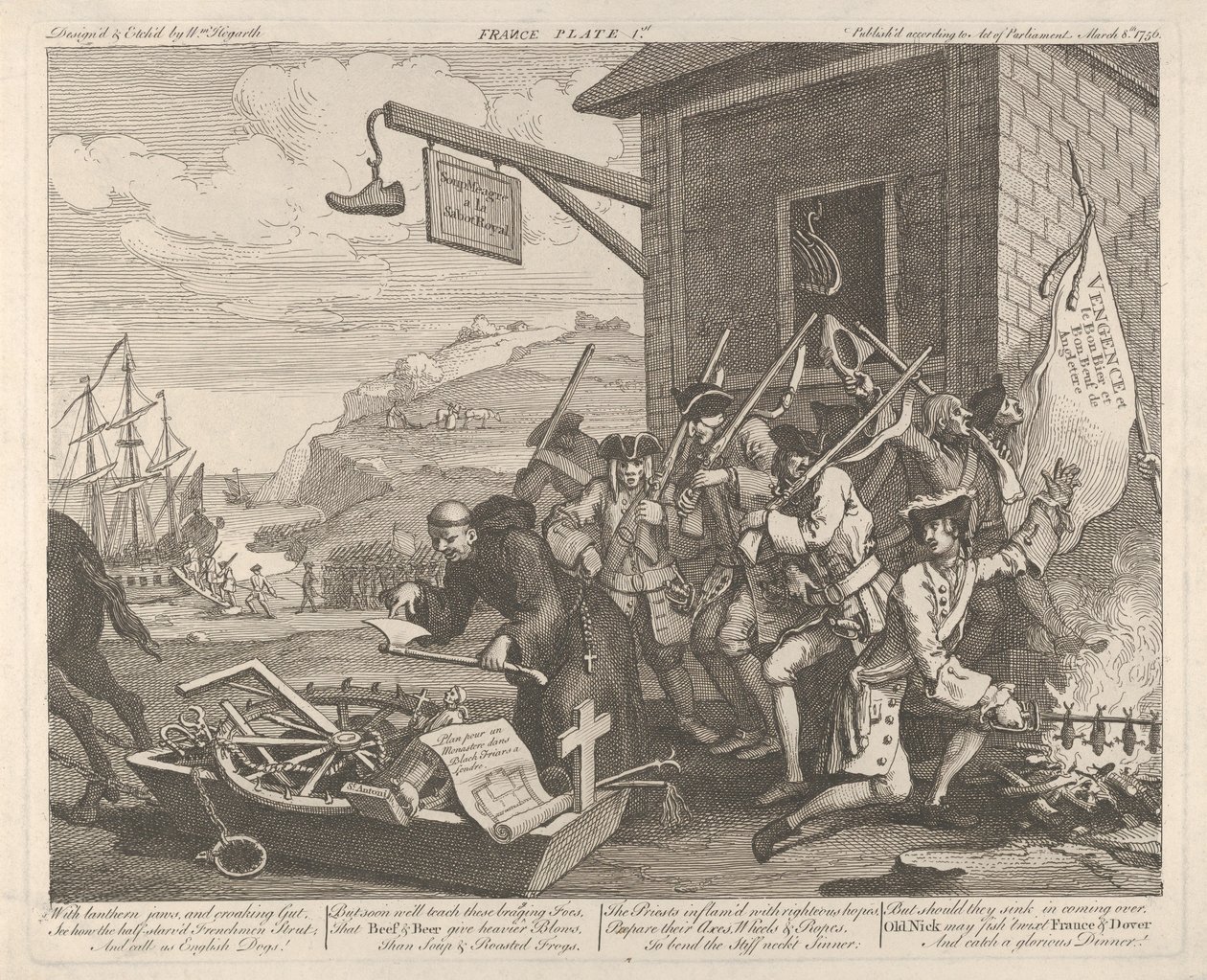 De invasie, plaat 1: Frankrijk door William Hogarth