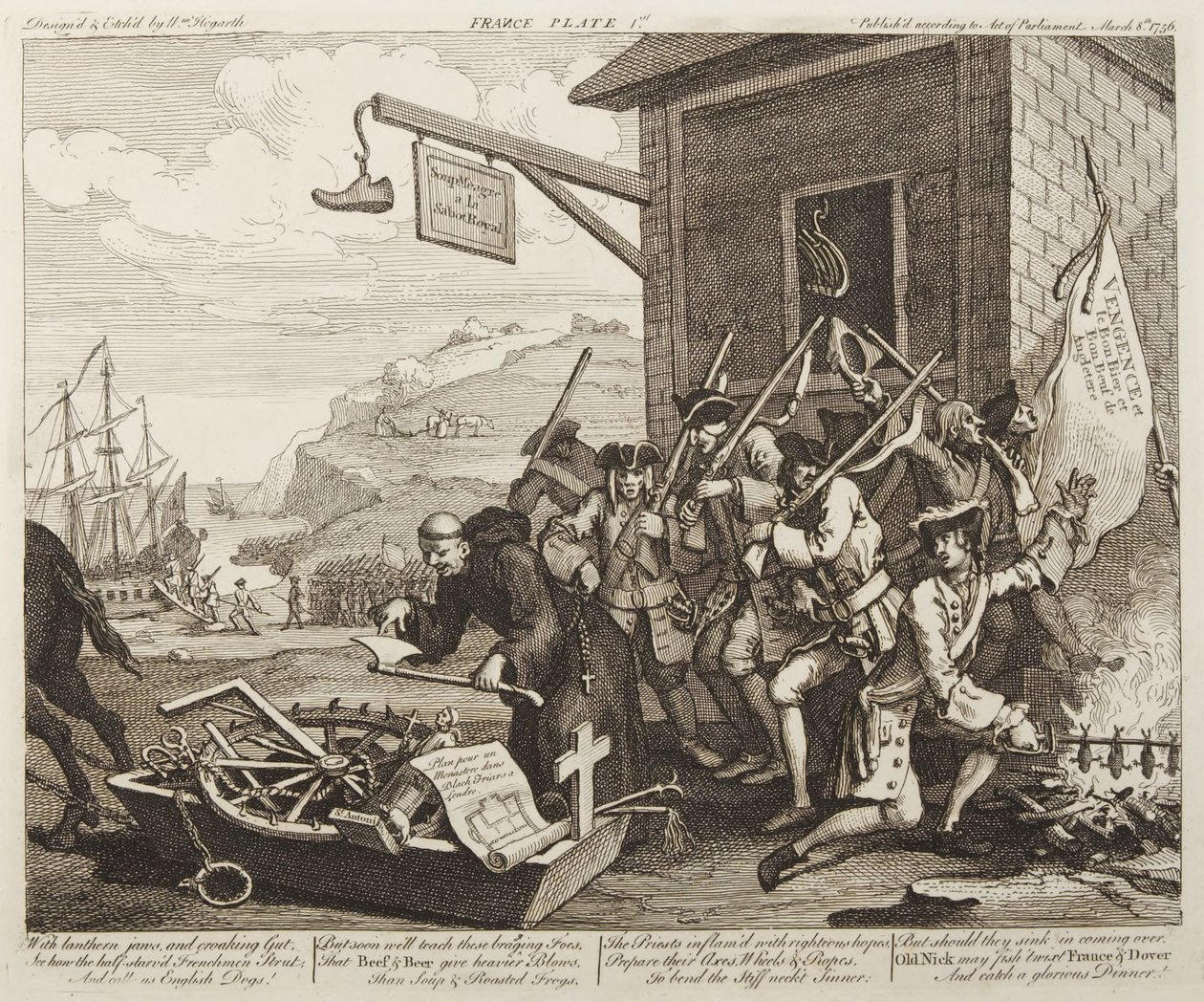De invasie, plaat 1: Frankrijk door William Hogarth