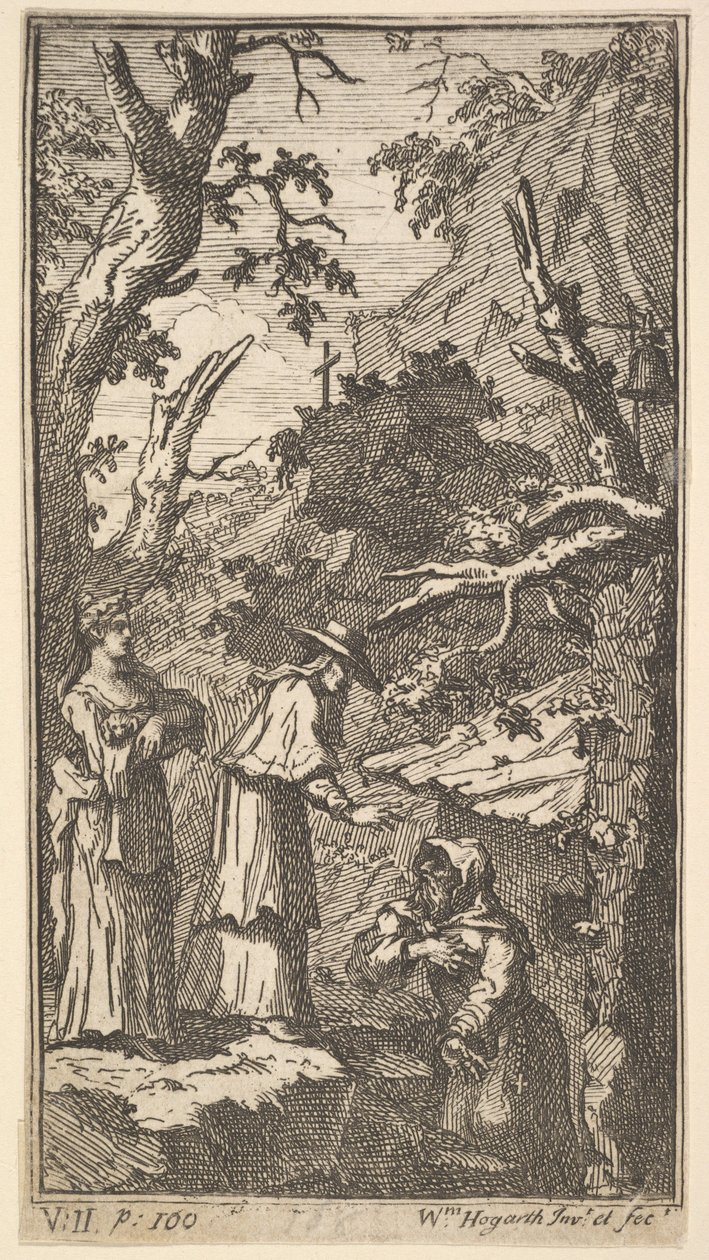 De Nieuwe Metamorfose, Plaat 7: De Kardinaal, een Kluizenaar en Donna Angela die Fantasio Vasthoudt, 1724 door William Hogarth