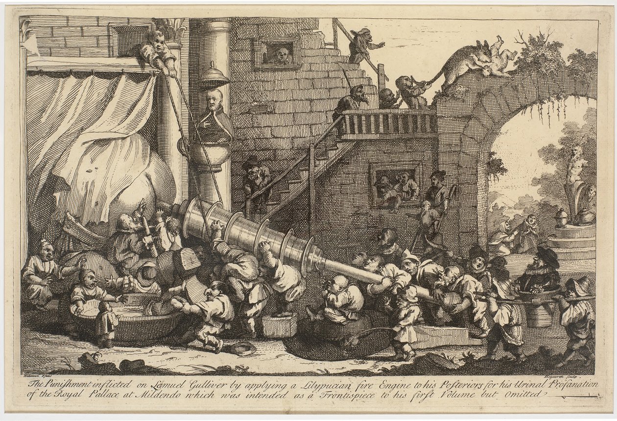 De straf van Lemuel Gulliver door William Hogarth
