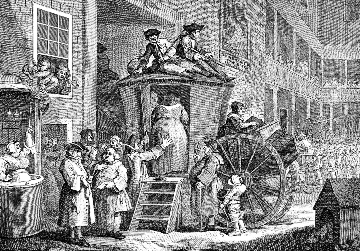 De postkoets of Country Inn Yard, 1747 door William Hogarth