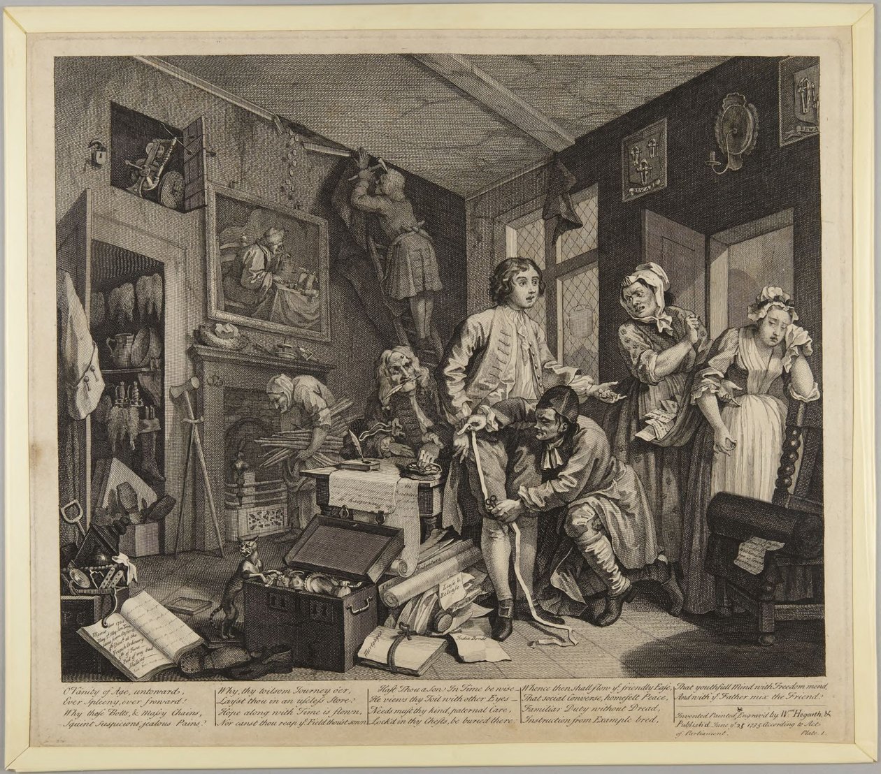De jonge erfgenaam neemt bezit, plaat 1 uit *A Rake’s Progress* door William Hogarth