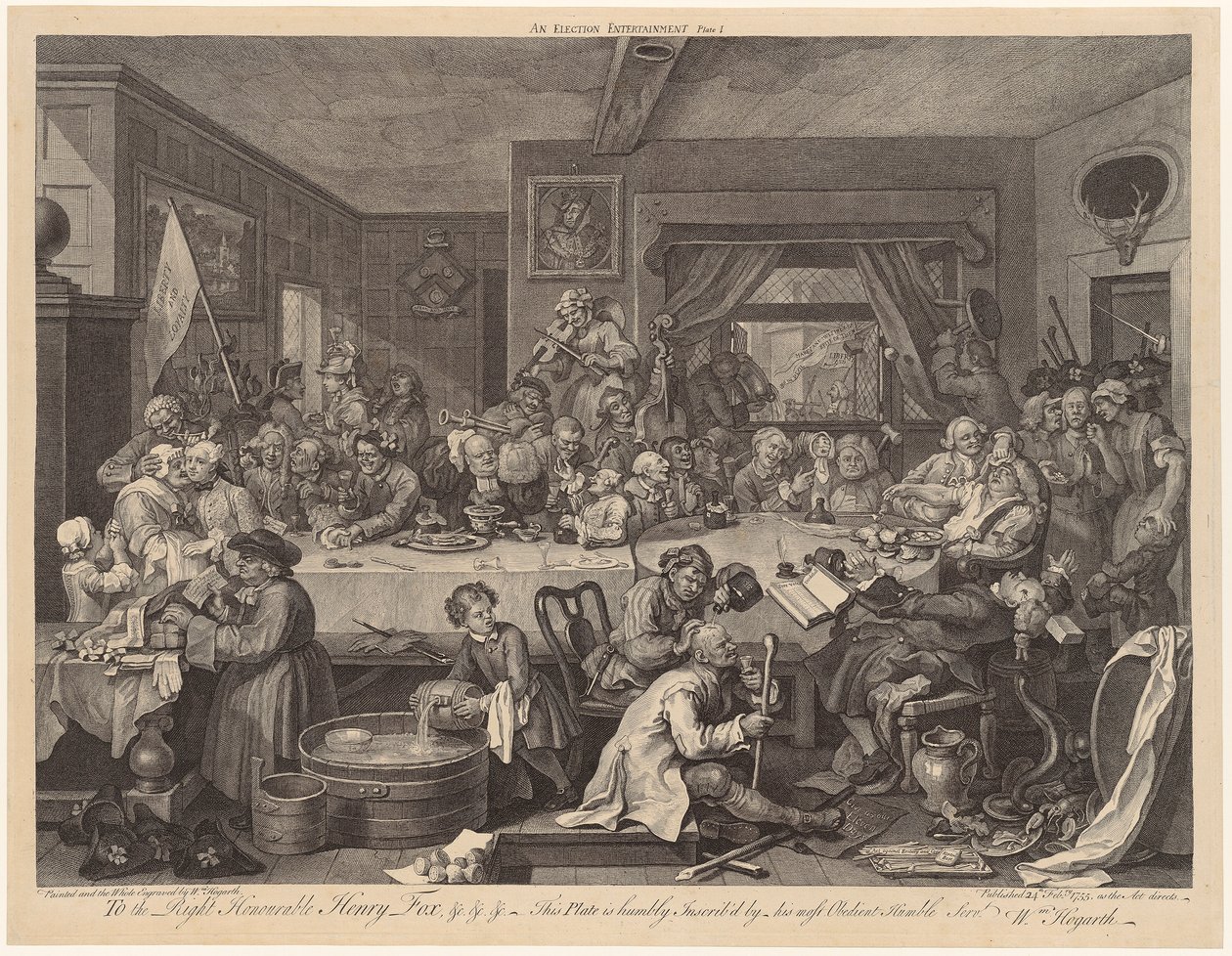 Verkiezingsbanket, blad 1 uit de reeks „De verkiezingen” door William Hogarth