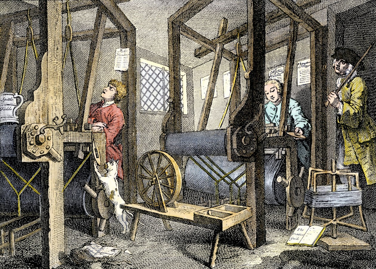 Werkplaats en arbeider met weefmateriaal in Spitalfields, Engeland door William Hogarth