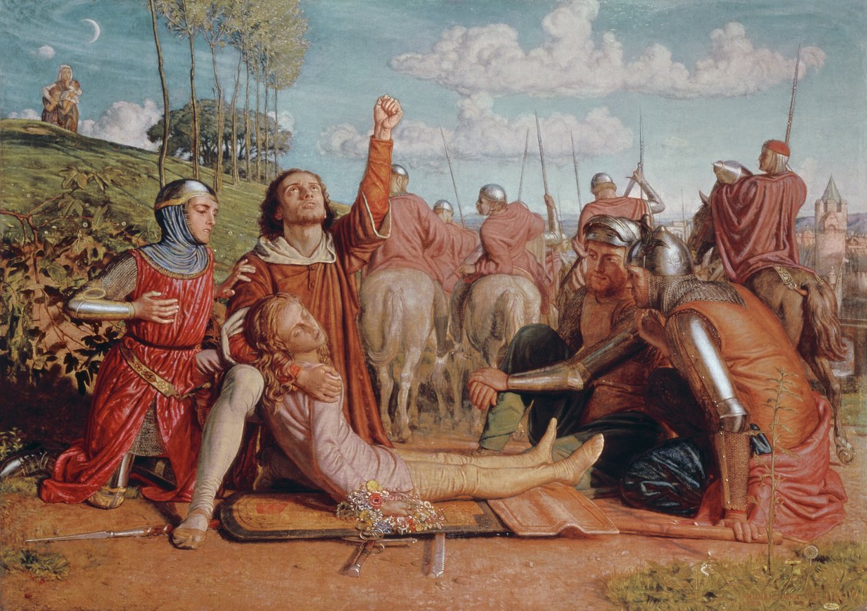 Rienzi zweert gerechtigheid te verkrijgen voor de dood van zijn jonge broer, gedood in een schermutseling tussen de Colonna en Orsini facties door William Holman Hunt