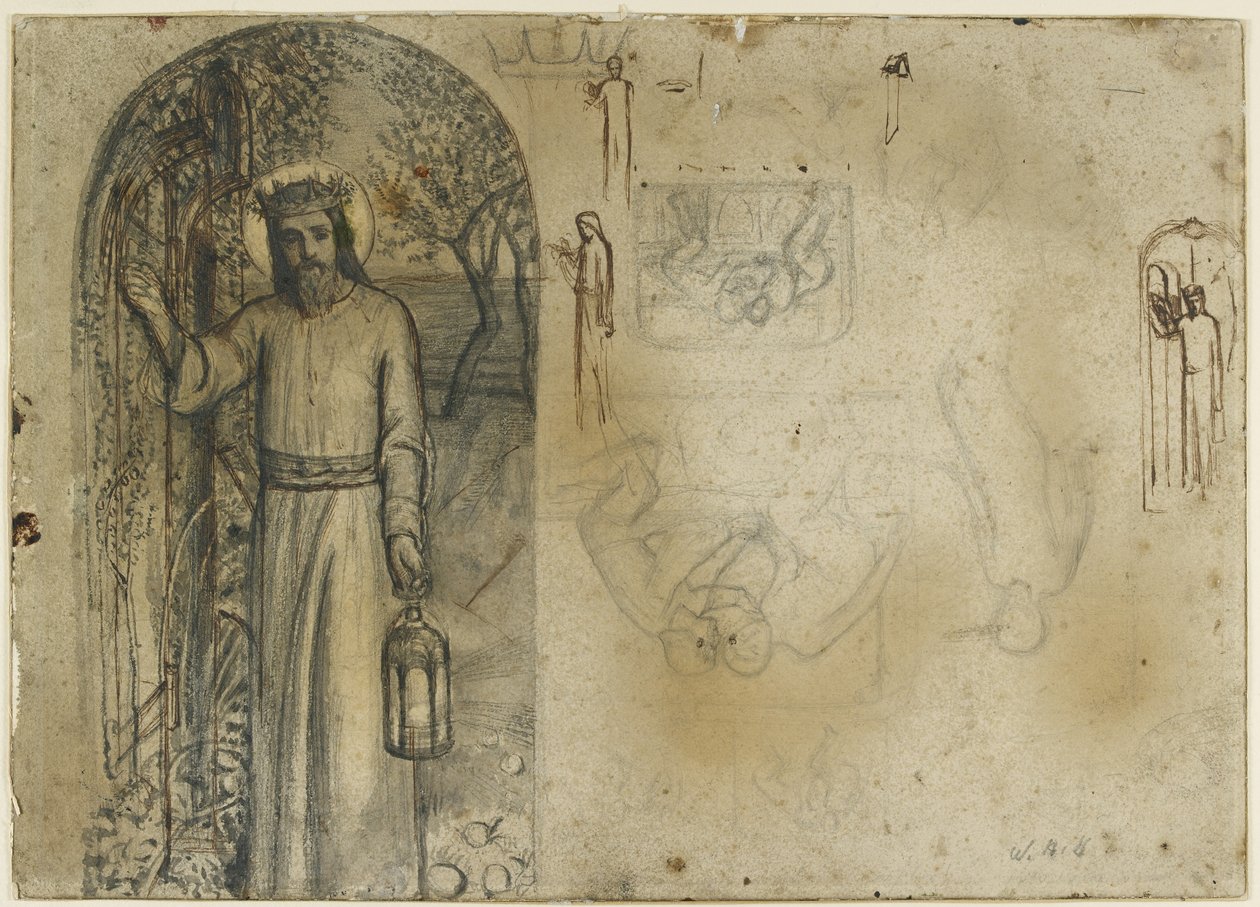 Studies voor Het Licht van de Wereld (grafiet met pen en bruine inkt op off-white papier) door William Holman Hunt