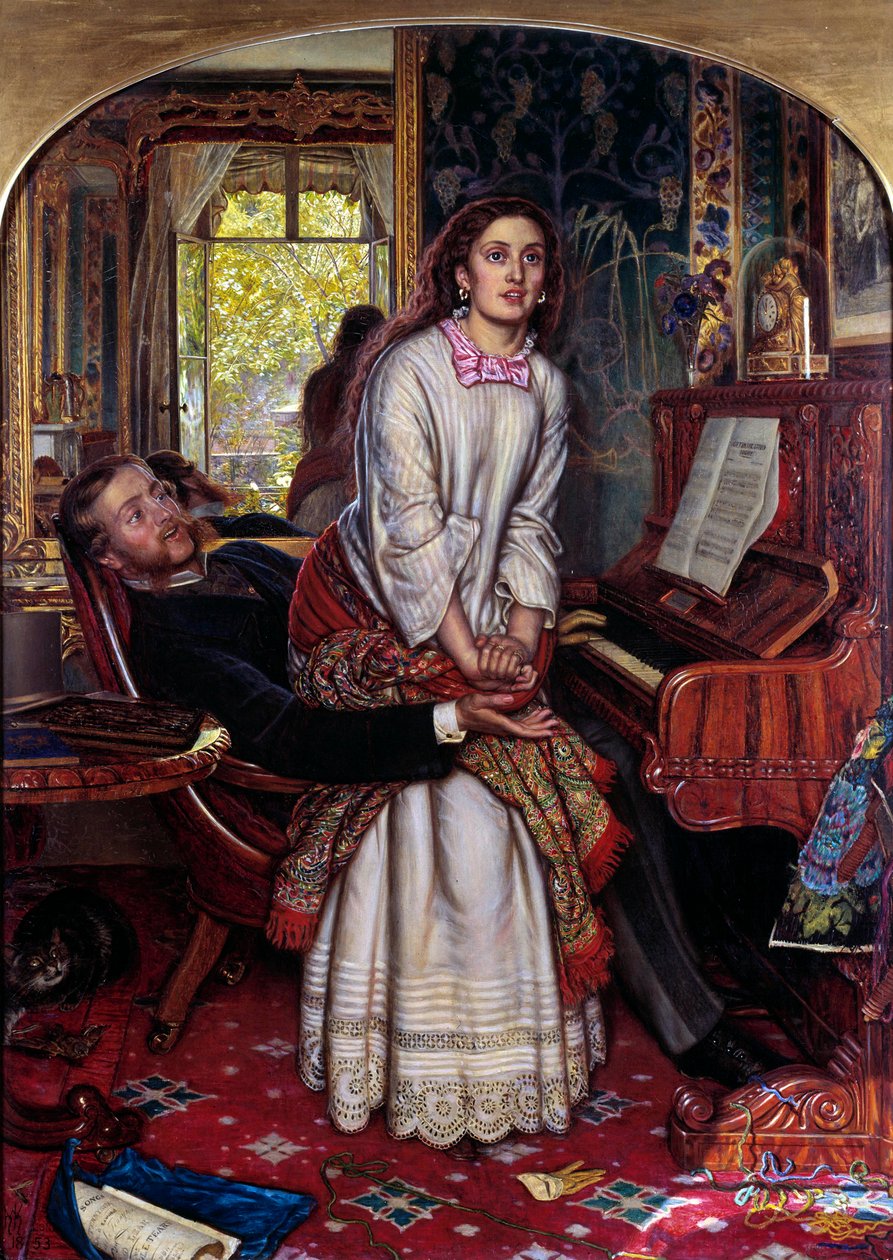 Het ontwakende bewustzijn. Een jonge vrouw in zonde springt plotseling op, geplaagd door spirituele openbaring, en probeert te ontsnappen aan de armen van haar minnaar door William Holman Hunt