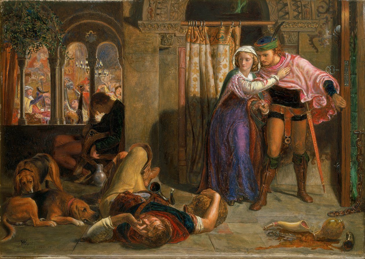 De vlucht van Madeline en Porphyro tijdens de dronkenschap bij het feestgedruis (De vooravond van Sint-Agnes) door William Holman Hunt