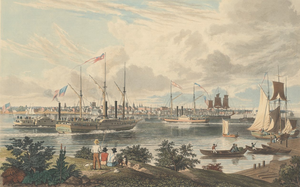 Stad Detroit, Michigan: Gezien vanaf de Canadese Oever nabij de Veerboot, gepubliceerd 1837 door William James Bennett