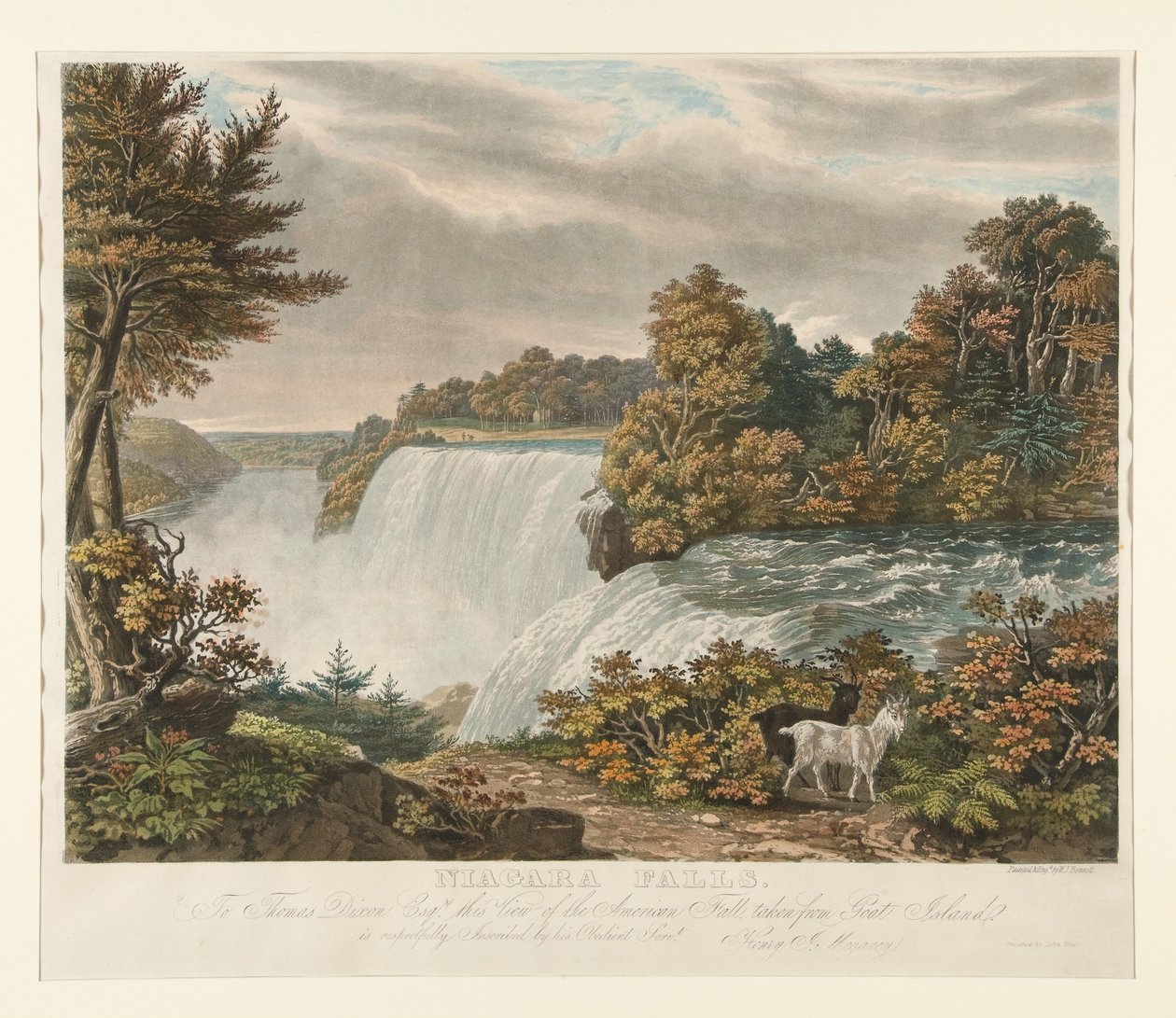Niagarawatervallen. Aan Thomas Dixon Esq. is dit gezicht op de American Fall, genomen vanaf Goat Island, eerbiedig opgedragen door William James Bennett