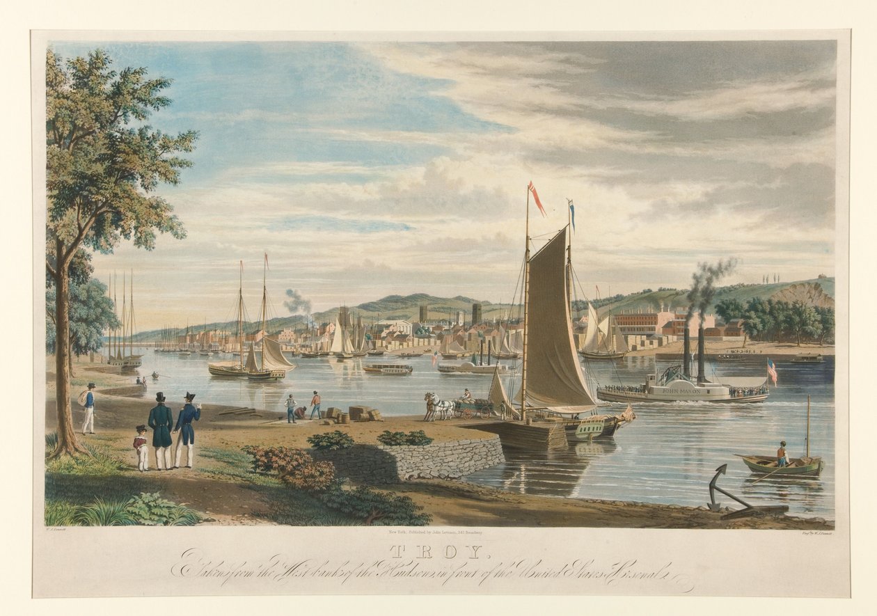 Troy. Gefotografeerd vanaf de westelijke oever van de Hudson, tegenover het arsenaal van de Verenigde Staten. door William James Bennett