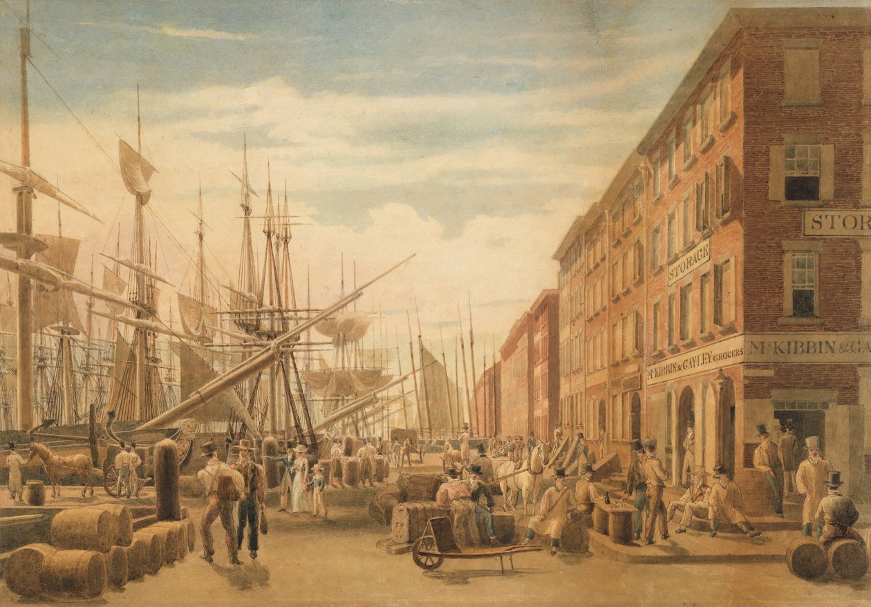 Zicht op South Street, vanaf Maiden Lane, New York City, ca. 1827 door William James Bennett
