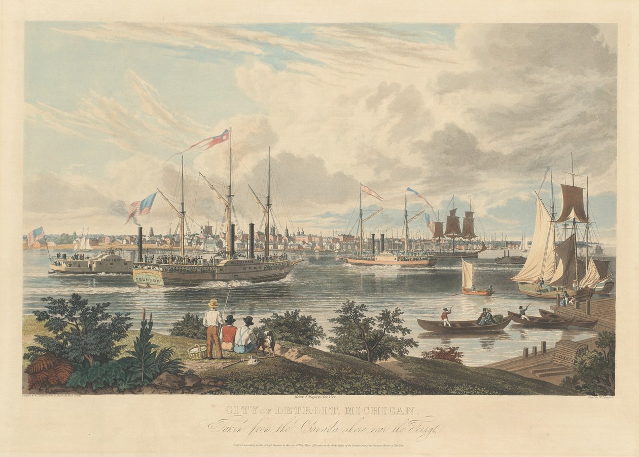 Stad Detroit, Michigan: genomen vanaf de Canadese kust nabij de veerboot door William James Bennett after Frederick K. Grain